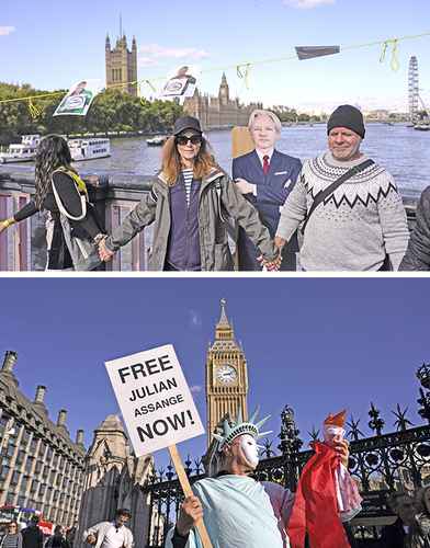La movilización por la libertad de Julian Assange en torno al Parlamento británico convocó a políticos, activistas de la libertad de prensa y a solidarios. El periodista se encuentra en una cárcel británica por una petición de Estados Unidos de extraditarlo para que enfrente 17 cargos relacionados con espionaje y uso indebido de computadoras.