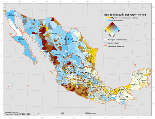 MAPA CON TASA DE MIGRANTES POR VIOLENCIA E INSEGURIDAD POR REGIÓN MINERA Fuente: Muñoz, K., Llano, M., & Ruiz, N. (2022).