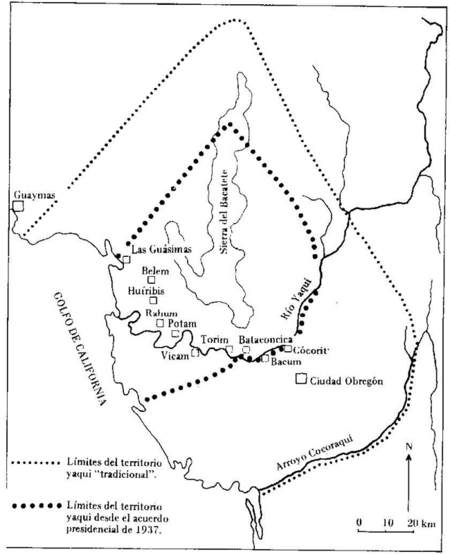 Mapa del territorio yaqui. Tomado de “Una resistencia india. Los yaquis”.  Cécile Gouy-Gilbert, CESMECA, 1985