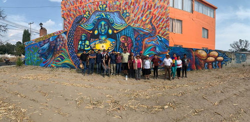 Mural sobre la cosmovisión de los pueblos en la Matalcueyetl.  CSRM, Tlalcuapan