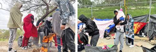 Migrantes venezolanos improvisaron a la orilla del río Bravo fogatas para mitigar el frío luego de que la temperatura descendiera la madrugada del viernes a menos 2 grados centígrados. A la derecha, una familia se dirige a un albergue acondicionado por autoridades municipales de Matamoros en el auditorio Mundo Nuevo.