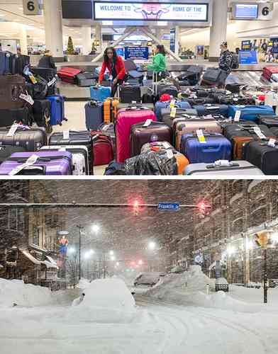 En numerosos aeropuertos de Estados Unidos se acumulan los vuelos cancelados y demorados, y claro, los equipajes en pasillos y salas de espera. En tanto, las calles de Buffalo, Nueva York, lucen con montañas de nieve y autoridades prohíben a los ciudadanos salir a las calles.