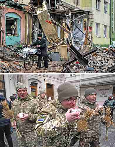 Luego de que Moscú ordenó un cese el fuego, la población ucrania celebró la Navidad ortodoxa. En la imagen superior se observan aspectos de los daños en Bajmut; abajo, soldados con símbolos religiosos de manojos de trigo y pan en Lviv.