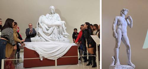 Réplicas exactas de las célebres esculturas de Miguel Ángel, en mármol de Carrara, fueron develadas ayer por Alfonso Miranda, director del Museo Soumaya.
