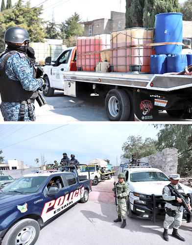 Unos 500 elementos del Ejército Mexicano, de la Guardia Nacional y de la Procuraduría de Hidalgo incursionaron ayer en el poblado de Bomintzha, municipio de Tula, capturaron a 15 presuntos huachicoleros, en la que fue la mayor operación contra el robo de combustibles en en estado en años recientes. La entidad ocupa el primer lugar en tomas clandestinas de hidrocarburos. En la imagen superior, bidones llenos de gasolina son decomisados.