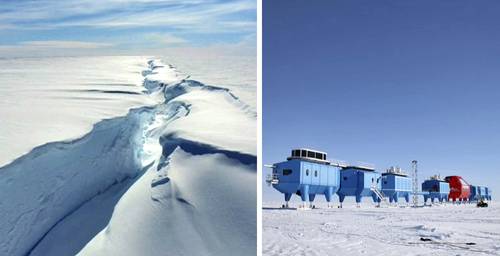 Plataforma de hielo Brunt, en la que desde hace una década han aumentado las grandes fisuras. En esa zona se ubica la base de investigaciones británica Halley VI (imagen de la derecha).