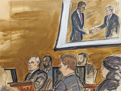 Un boceto de la sala del tribunal en Nueva York muestra a Genaro García Luna, ex secre-tario de Seguridad Pública, sentado a la izquier-da, a los alguaciles estadunidenses detrás de él y a su equipo de defensa en primer plano, al iniciar su juicio el lunes pasado.