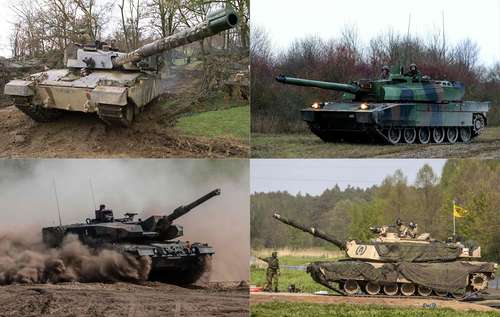 Esta combinación de imágenes de archivo muestra arriba: un tanque Challenger británico y un francés Leclerc. Abajo: de Polonia, un Leopard, de fabricación alemana, y un Abrams estadunidense.