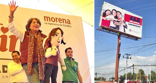 En el municipio de Xonaca-tlán, Delfina Gómez recibió una muñeca con su imagen, denomi-nada Delfis. A la derecha, el PRI se quejó porque en Tecámac colocaron sellos de suspensión a los anuncios espectaculares de su precandidata Alejandra del Moral.