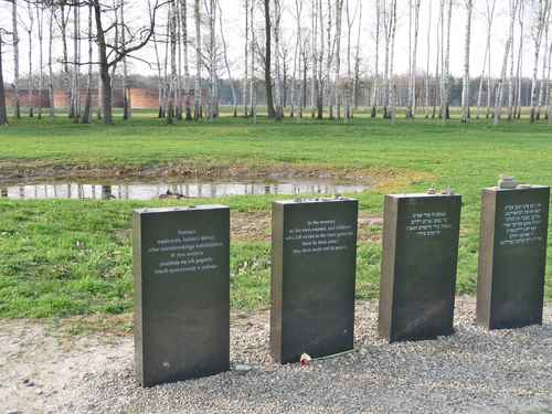 Placas en Auschwitz: “A la memoria de hombres, mujeres y niños que cayeron víctimas del genocidio. Aquí reposan sus cenizas. Que sus almas descansen en paz”.