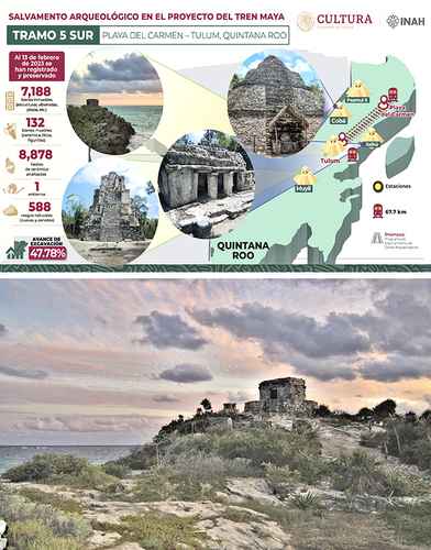 Infografía que explica los detalles del tramo 5 sur del Tren Maya, que va de Playa del Carmen a Tulum, zona de la que se muestra una instantánea en la parte inferior.