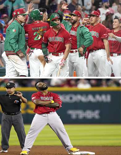 Randy Arozarena celebró a su estilo el pase de México a las semifinales. “Es increíble, me han puesto en fotos de billetes y estatuas. Es algo que no pude imaginar”, dijo el pelotero cubano-mexicano, asombrado por el cariño de la gente. En la imagen de arriba, los peloteros tricolores reaccionan al último out del cerrador Giovanny Gallegos con dos hombres en primera y segunda.