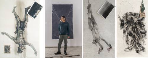 Retrato de Noé Martínez y piezas de la serie La patria de las imágenes (2020), que se presentó hace dos años en el Museo de Arte del Condado de Orange, de Los Ángeles, California, y que forman parte de la exposición que se inaugura hoy en el Museo del Chopo.