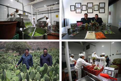 Alfonso y David Castañeda, de San Gregorio Atlapulco, explican cómo se procesa el nopal en su cooperativa y lo transforman en diversos productos, por lo que ahora están listos para hacer su primer envío a Estados Unidos.