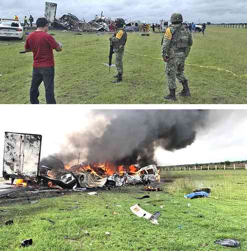 Elementos de la Cruz Roja recuperaron los cuerpos de una mujer y un bebé que perecieron tras el choque de una camioneta y un tráiler, con saldo de 27 personas muertas, en el municipio de Güémez, Tamaulipas; elementos de la 48 Zona Militar aplicaron el plan DN-III-E.