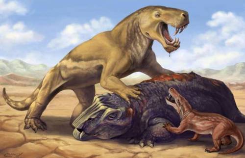 El gran depredador aparece en esta recreación artística con su presa y la defiende de un Cyonosaurus.