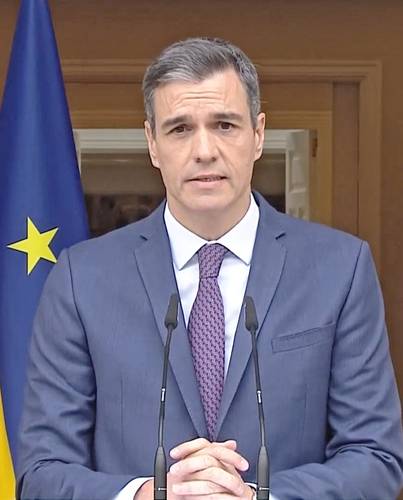 El presidente del gobierno español, el socialista Pedro Sánchez, durante el anuncio de la convocatoria a comicios para el próximo23 de julio, ayer desde el Palacio de la Moncloa.