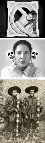  Tentative pour sortie du cadre, de la serie fotográfica Corps-sculpture (1964-1967); Portrait with Maracas (2006), y Alcaldes campesinos peruanos. Foto Orlan, Marina Abramovic y Martín Chambi