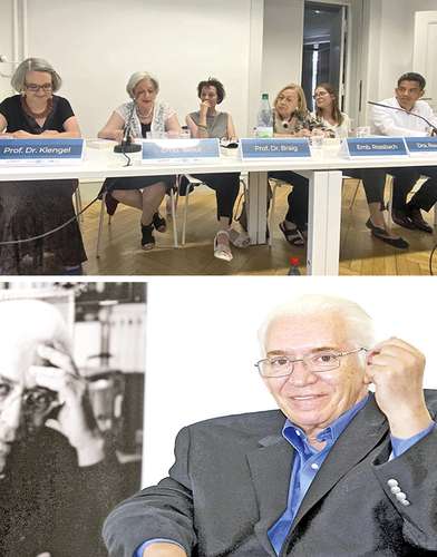 Arriba, ponentes en el encuentro realizado en la Universidad Libre de Berlín. Luego, el escritor y traductor José María Pérez Gay durante un homenaje en la Universidad Iberoamericana en diciembre de 2012.