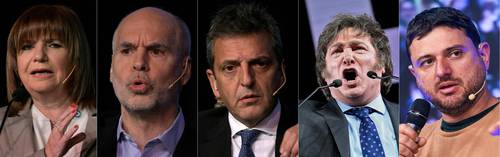 De izquierda a derecha, la ex ministra de Seguridad Patricia Bullrich y el alcalde de Buenos Aires, Horacio Rodríguez Larreta, del partido opositor derechista Juntos por el Cambio, quienes se disputan la candidatura a la presidencia. Del oficialista Frente de Todos, ahora Unión por la Patria, compiten el ministro de Economía, Sergio Massa, y Juan Grabois, mientras por Libertad Alianza Avanza está el ultraderechista Javier Milei.