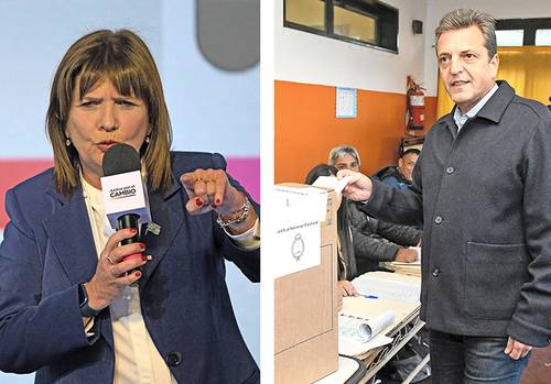  Los precandidatos a la presidencia de Argentina Patricia Bullrich, de Juntos por el Cambio, ayer en rueda de prensa en Buenos Aires, y Sergio Massa, del partido Unión por la Patria, captado al momento de votar en la ciudad de Tigre.