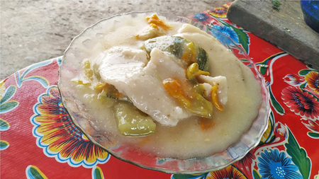 Figura 4. Comida tradicional yucateca jorochitos. Este platillo es un caldo preparado con base en masa de maíz, frutos y flores de calabaza de milpa y tortillas de masa de maíz hechas a mano. Virginia Solís Montero