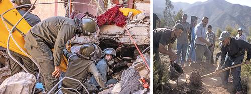 Búsqueda de sobrevivientes en la provincia de Al Haouz. En la imagen de la derecha, cavan tumbas en la aldea de Ouargane, cerca de Marrakech.