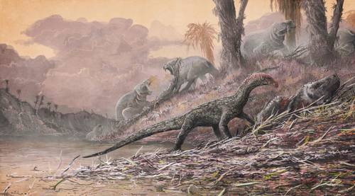 Las angiospermas salieron casi ilesas del devastador evento que acabó con los dinosaurios. La imagen, una recreación del hábitat del Teleocrater rhadinus (al frente).