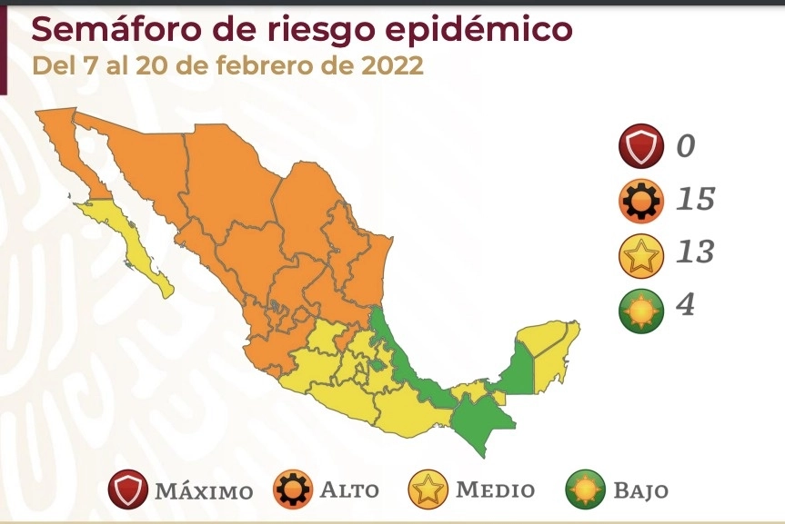 Semáforo Epidemiológico del 7 al 20 de febrero de 2022. Imagen SSa