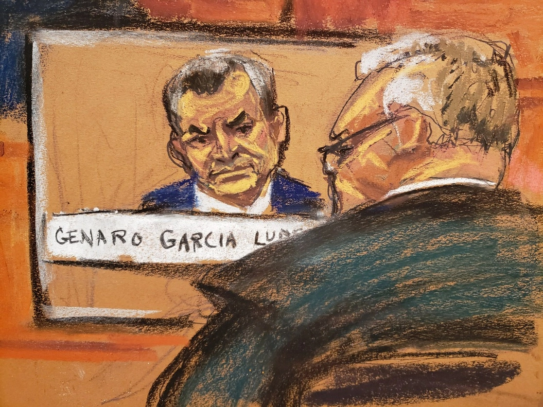 Juicio de Genaro García Luna en NY.  Ilustración Jane Rosenberg 




