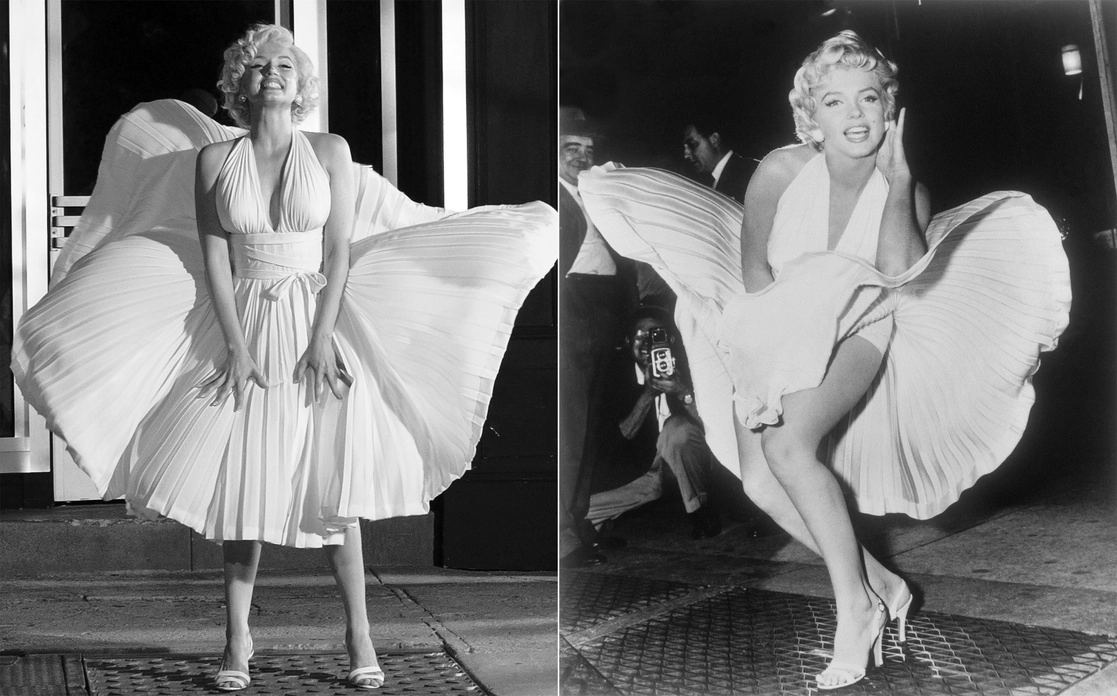 A la izquierda, Ana de Armas en el rol de Marilyn Monroe para una escena de la cinta ‘Blonde’. A la derecha, la actriz Marilyn Monroe posa sobre una rejilla del metro mientras filmaba ‘La comezón del séptimo año’ en Nueva York, el 9 de septiembre de 1954. Fotos Neflix vía Ap y Ap