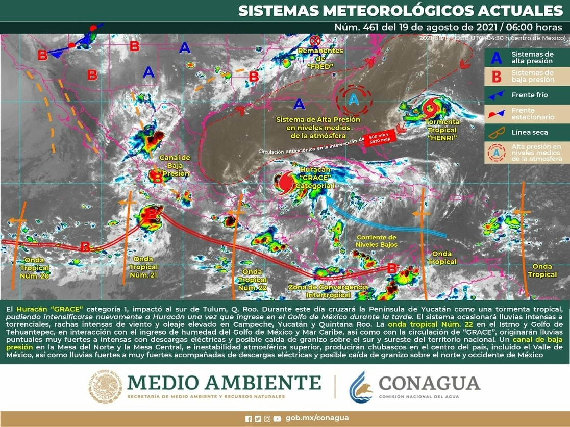 ‘Grace’, un huracán de categoría 1, tocó tierra este jueves en el extremo oriental de la Península de Yucatán, cerca de Tulum. Imagen tomada del Twitter de @conagua_clima