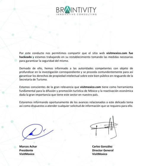 Comunicado publicado por Braintivity, la empresa que se encarga desde 2019 de administrar el contenido la plataforma digital Visit México. Foto Twitter @VisitMex