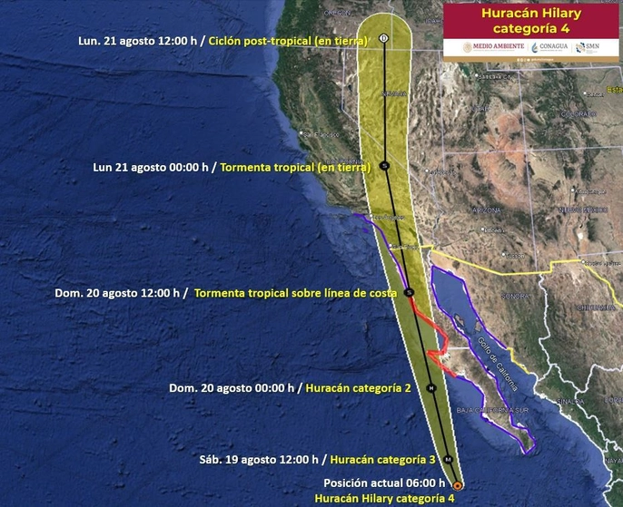La Coordinación Nacional de Protección Civil informó que los pronósticos del Sistema de Alertas Tempranas para Ciclones Tropicales considera que el huracán ‘Hilary’, como categoría 2, continuará su recorrido paralelo a la costa para ingresar el domingo como tormenta tropical, aproximadamente a las 12:00 horas en las cercanías del puerto de Ensenada. Imagen tomada de @conagua_clima