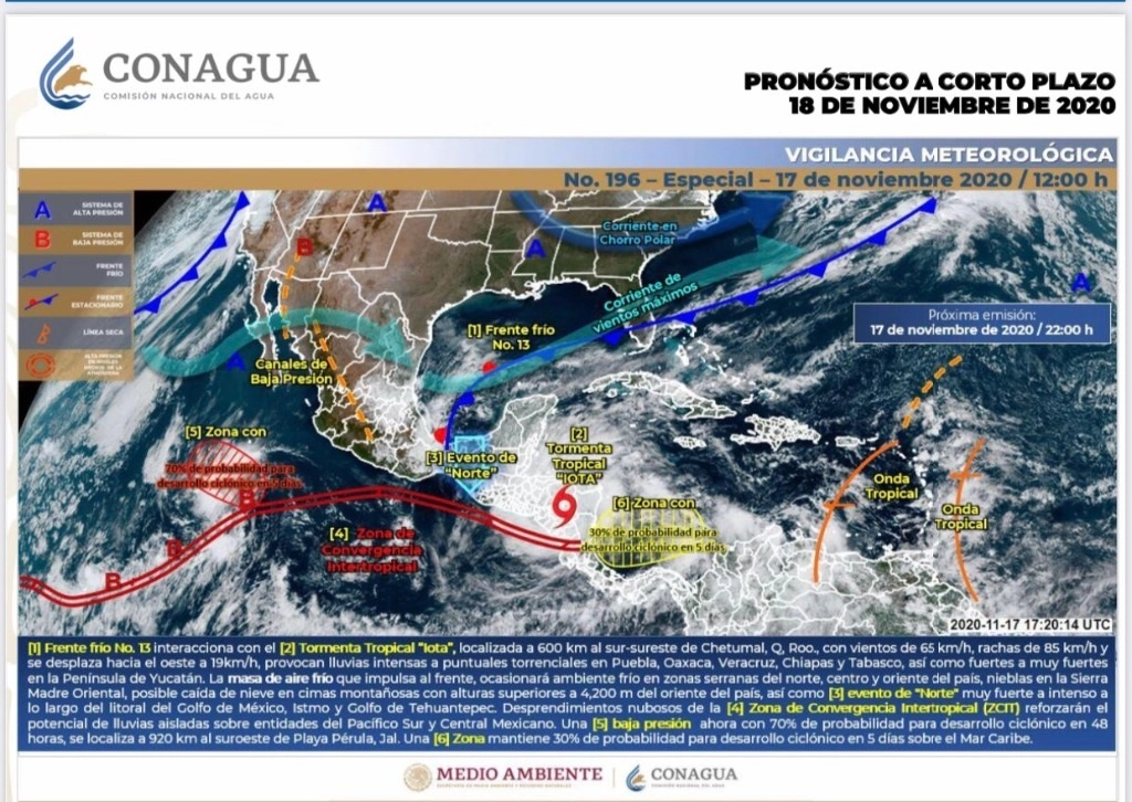 La tormenta ‘Iota’ se dirige rumbo al océano Pacífico. Imagen tomada del Twitter de @conagua_clima
 