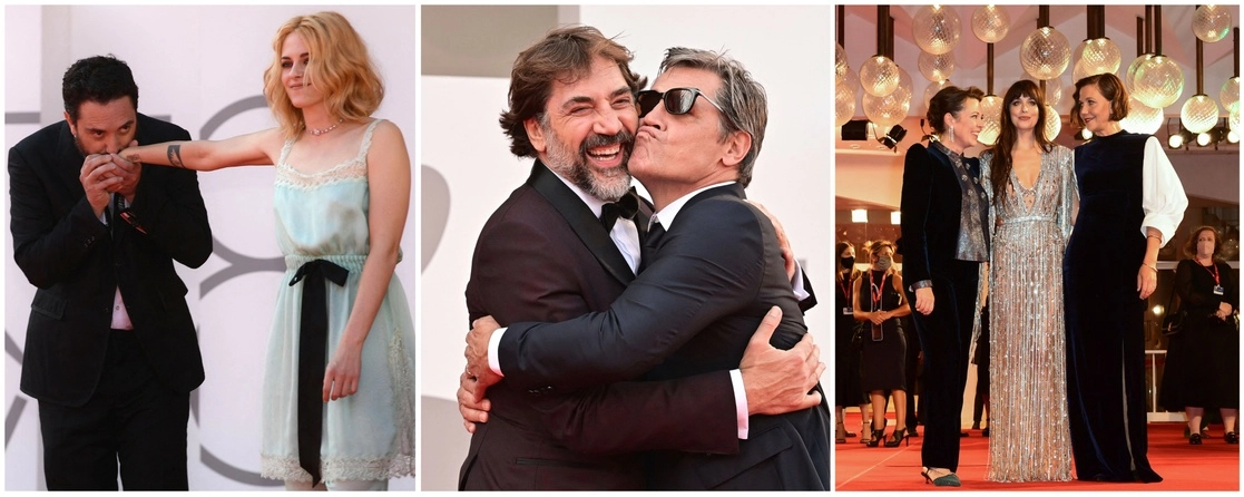 De izquierda a derecha: Pedro Larrían, Kristen Stewart, Javier Bardem, Josh Brolin, Olivia Colman, Dakota Johnson y Maggie Gyllenhaal, en la 78 edición de La Mostra. Foto Afp