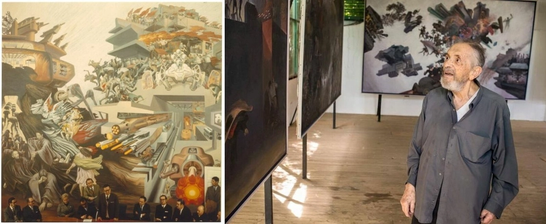 Fragmento del mural, cuyo hallazgo "rescribe la historia del arte chileno", refiere Inostroza en entrevista. En la siguiente imagen, el pintor Julio Escámez, quien se exilió en Costa Rica, donde murió. Foto Fundación Escámez y tomada del Twitter del ex presidente de Costa Rica, Luis Guillermo Solís