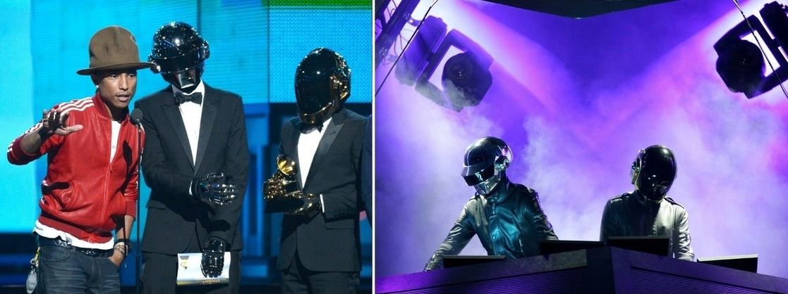 A la izquierda, Pharrell Williams, Thomas Bangalter y Guy-Manuel de Homem-Christo, el 26 de enero de 2014, en Los Ángeles, al recibir un Grammy por "Get Lucky". A la derecha, el 29 de abril de 2006 en el festival de Coachella. Foto Afp