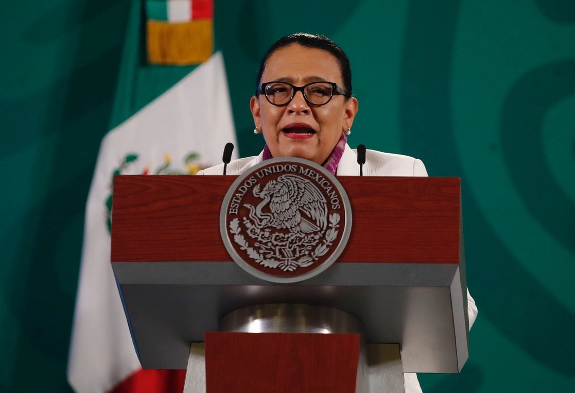 La secretaría de Seguridad y Protección Ciudadana, Rosa Icela Rodríguez, durante la conferencia presidencial matutina en Palacio Nacional, en la Ciudad de México, el 3 de noviembre de 2021. Foto Cristina Rodríguez