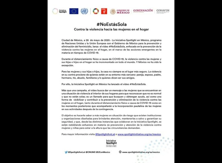 Iniciativa Spotlight es un programa contra la violencia de género entre México, la ONU y la Unión Europea. Foto @SpotlightAmLat 