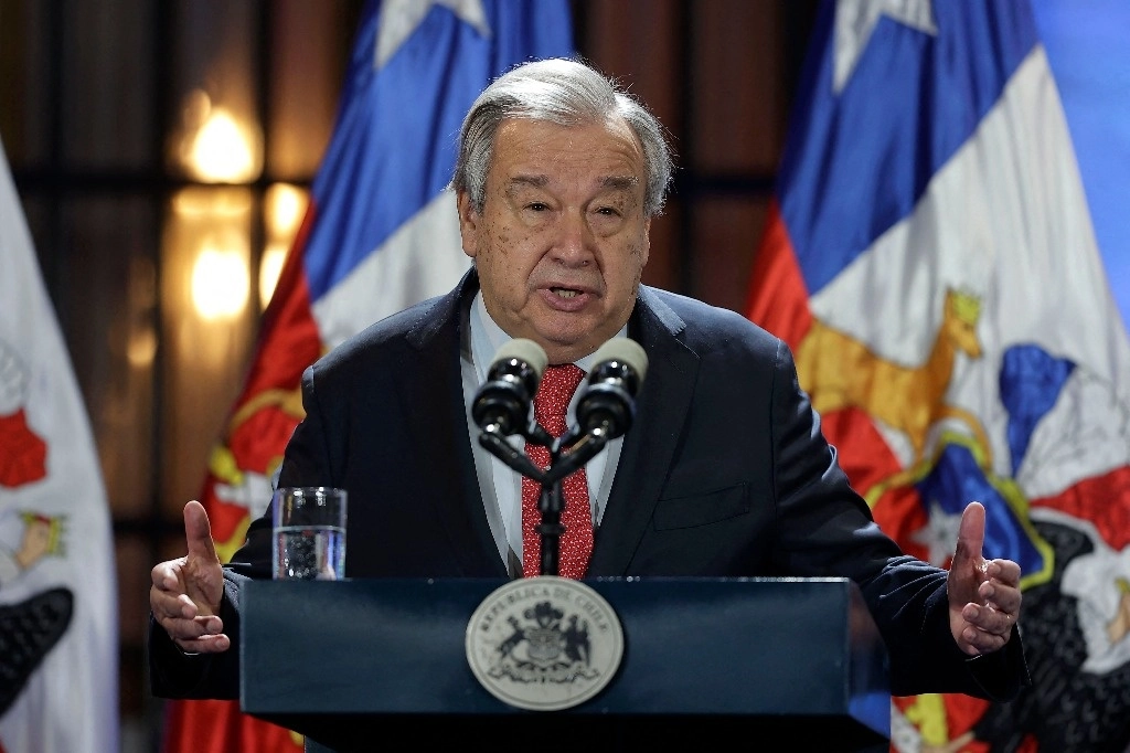 António Guterres, secretario general de la ONU, durante un evento el 2 de mayo de 2024. Foto Afp
