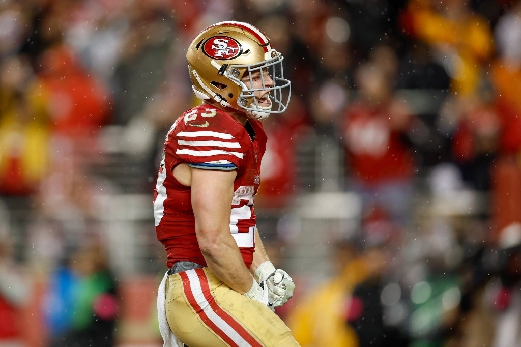 El corredor Christian McCaffrey celebra el pase de los 49ers de San Francisco a la final de la Conferencia Nacional. Foto tomada de X @NFL.