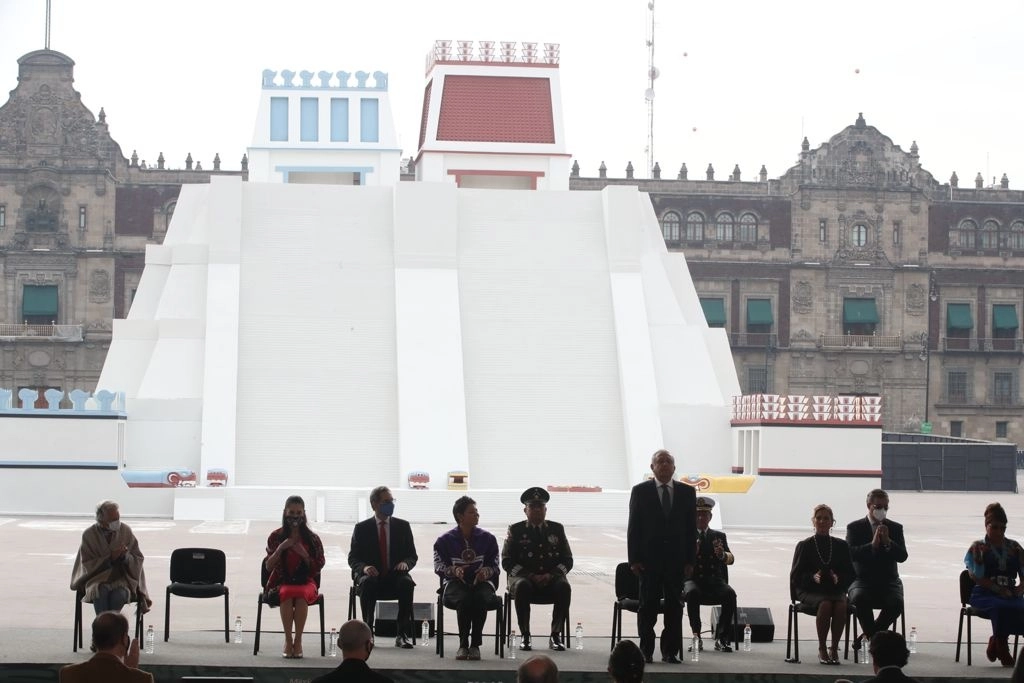 El presidente Andrés Manuel López Obrador durante la inauguración de la maqueta del Templo Mayor en el Zócalo del Centro Histórico, en conmemoración de los 500 años de Resistencia Indígena, el 13 de agosto de 2021. Foto José Antonio López