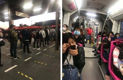 La dosificación de usuarios para evitar contagios de Covid-19 no se aplicó en la terminal Indios Verdes de la línea 1 del Metrobús, donde la gente hizo fila para ingresar a las unidades y en la mayoría de los casos compartieron asientos sin cumplir con la sana distancia. Foto Laura Gómez