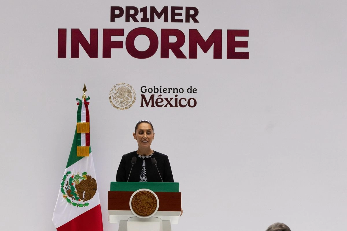 La presidenta Claudia Sheinbaum durante su mensaje con motivo de su primer Informe de Gobierno, en Palacio Nacional. 