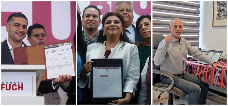 (De izq. a der.) El ex jefe de la policía capitalina Omar García Harfuch ofreció dar continuidad a los proyectos y programas de la ex jefa de Gobierno. La alcaldesa de Iztapalapa con licencia, Clara Brugada, dijo que respetará a sus compañeros que se inscriban y planteó una contienda de unidad. El subsecretario de Salud, Hugo López-Gatell, difundió en un video su registro. Anunció que hoy presentará una propuesta “muy interesante”. Fotos Cristina Rodríguez y redes sociales