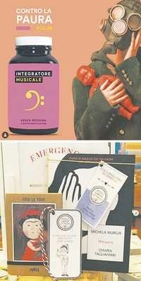 ‘Contra el miedo / Suplemento musical / Sin ninguna contraindicación’’, receta de la farmacia Nevola, y algunas de las recomendaciones de La Pequeña Farmacia Literaria. Imágenes tomadas de sus cuentas de Instagram.