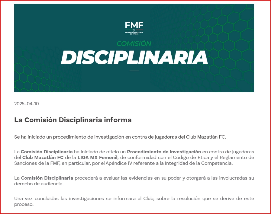 La FMF difundió en sus redes la apertura de la investigación contra jugadoras del Mazatlán. Foto