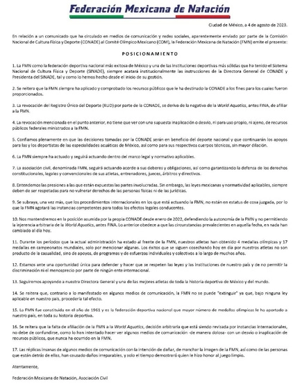 La Federación Mexicana de Natación emitió su posicionamiento respecto a la revocación del registro por parte de la Conade. Foto tomada de Twitter @FemexNatacion.