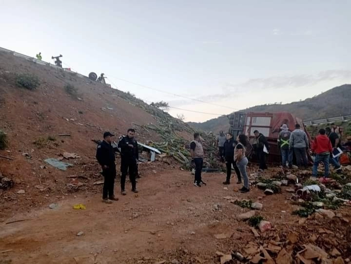 Autoridades detallaron que el camión procedente de Puebla cargado con varias toneladas de flores y un número aún no determinado de personas en la misma unidad, salió de la cinta asfáltica terminando en un barranco. Foto Protección Civil local